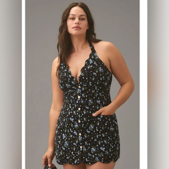 Maeve Anthropologie Halter Neck Scalloped Floral Black Blue Mini Dress Size 18 - Picture 1 of 10